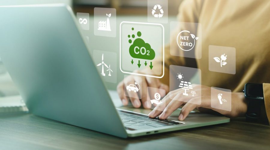 company-use-computer-report-results-reduce-co2-emissions-carbon-footprint-climate-change-net-zero-limit-global-warming-sustainable-development-innovation-green-business-concept